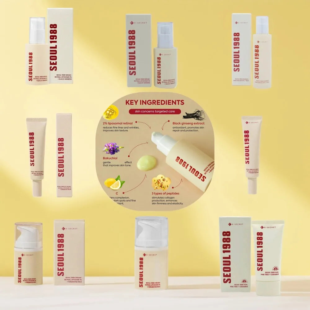 Korean Seoul 1988 Set Retinol Eye Cream Face Serum 2% Black Ginseng Niacinamide Rice VC Improve Closed Comedones Brighten Skin